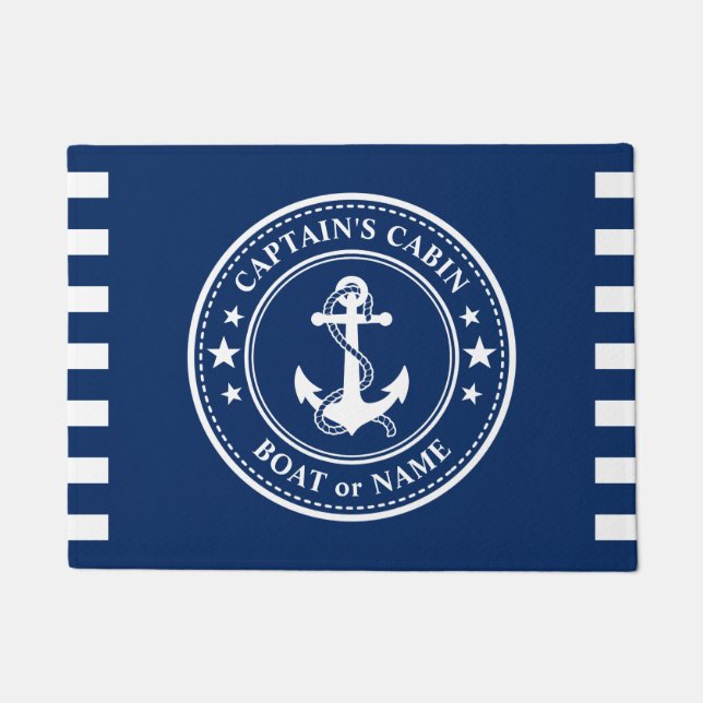Nautical Anchor Captain Cabin Boat Name Navy Doormat (Front)