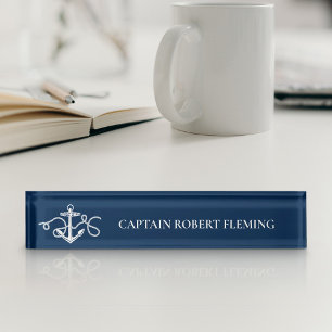 Nautical Anchor Captain Name Navy Blue Nameplate