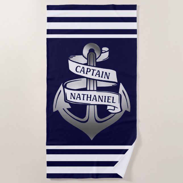 Nautical Anchor Captain Name | Navy White Stripe Beach Towel (Front)