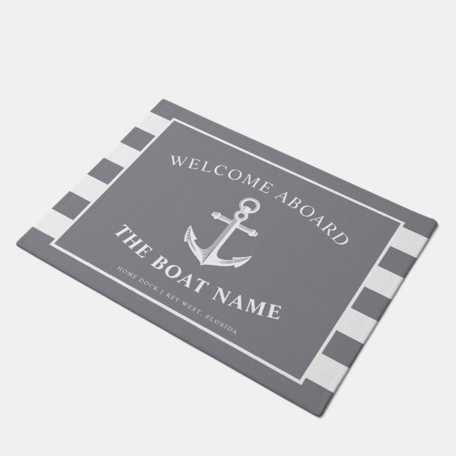 Nautical Anchor & Captain Name Slate Grey Stripes Doormat (Angled)
