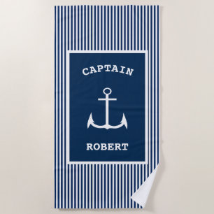Nautical Anchor Captain Name Stripe Beach Towel