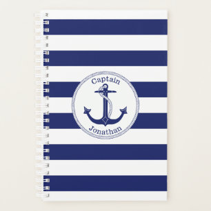 Nautical Anchor Captain Navy Blue Stripe Planner