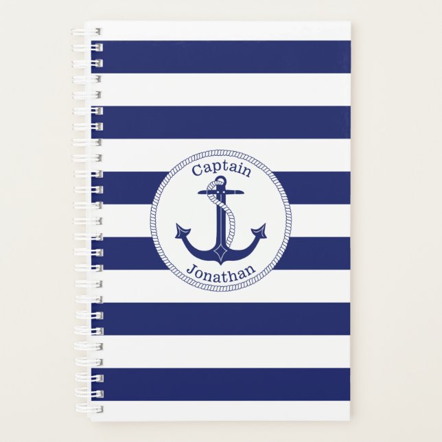 Nautical Anchor Captain Navy Blue Stripe Planner (Front)