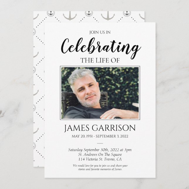 Nautical Anchor Celebration of Life With Photo Invitation (Front/Back)