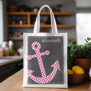 Nautical Anchor Chalkboard Hot Pink Polka Dots Reusable Grocery Bag