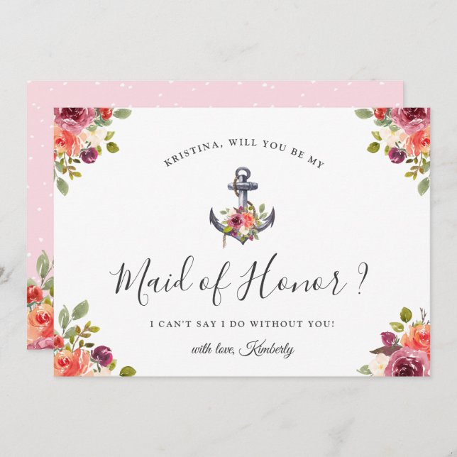Nautical Anchor Chic Floral Be My Maid of Honour Invitation (Front/Back)
