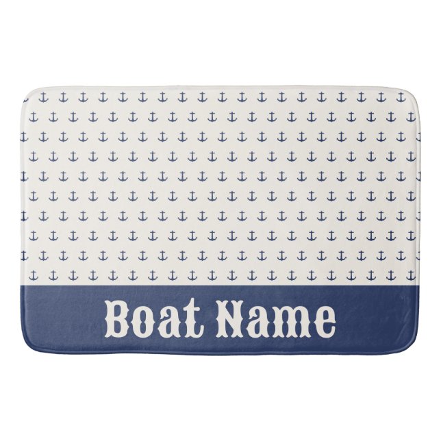 Nautical Anchor Coastal Stripes Navy Blue Cream Bath Mat (Front)