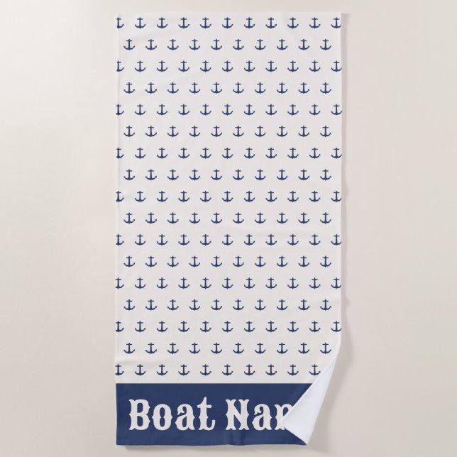 Nautical Anchor Coastal Stripes Navy Blue Cream Beach Towel (Front)