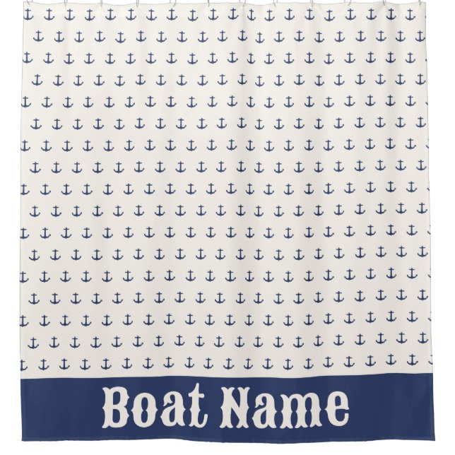 Nautical Anchor Coastal Stripes Navy Blue Cream Shower Curtain (Front)