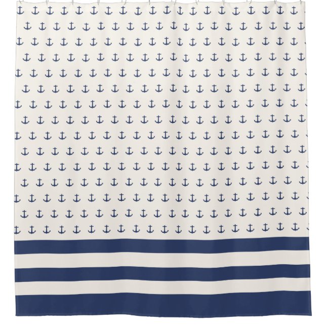 Nautical Anchor Coastal Stripes Navy Blue Cream Shower Curtain (Front)