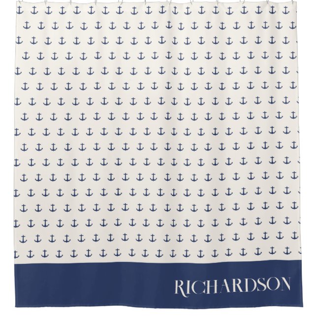 Nautical Anchor Coastal Stripes Navy Blue Cream Shower Curtain (Front)