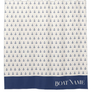 Nautical Anchor Coastal Stripes Navy Blue Cream Shower Curtain