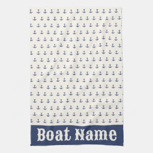 Nautical Anchor Coastal Stripes Navy Blue Cream Tea Towel