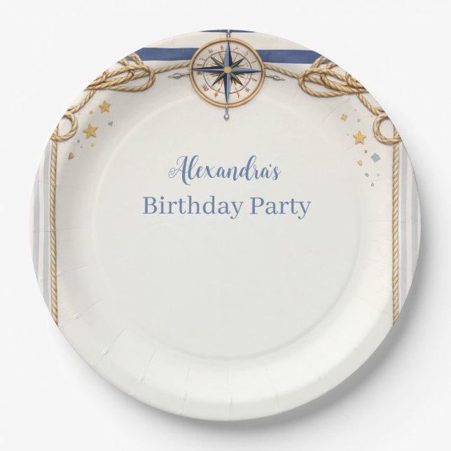 Nautical Anchor Compass Birthday Paper Plate (Front)