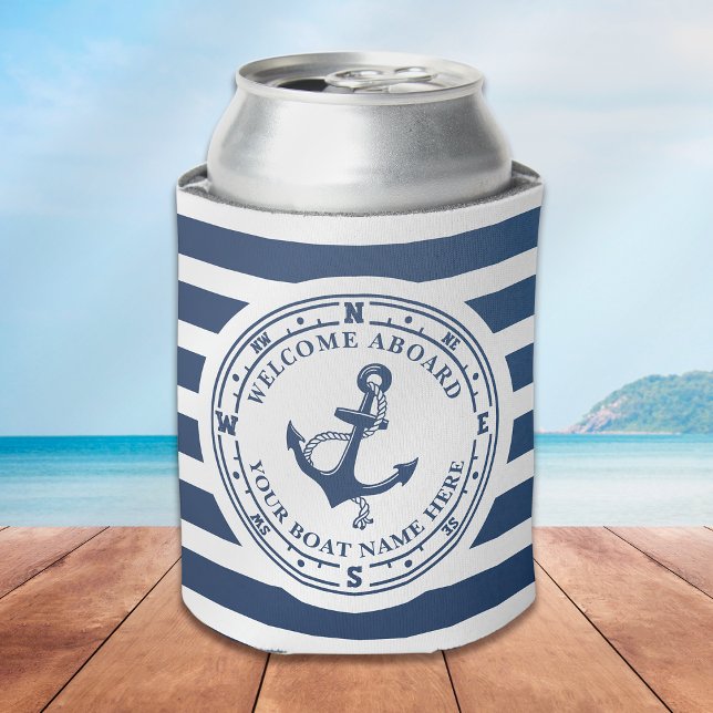 Nautical Anchor Compass Striped Boat Name Can Cooler (Creator Uploaded)
