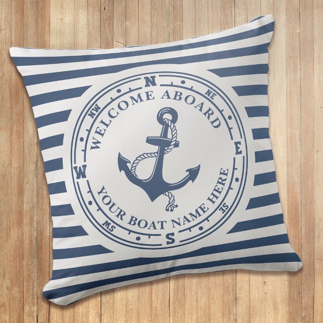 Nautical Anchor Compass Striped Boat Name Cushion (Creator Uploaded)