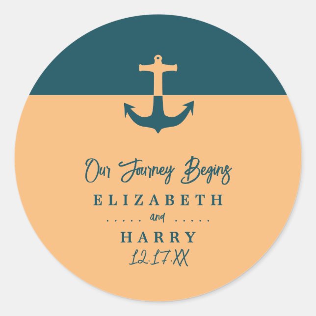 Nautical Anchor - Coral Blue - Beach Wedding Classic Round Sticker (Front)