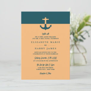 Nautical Anchor - Coral Blue - Beach Wedding Invitation