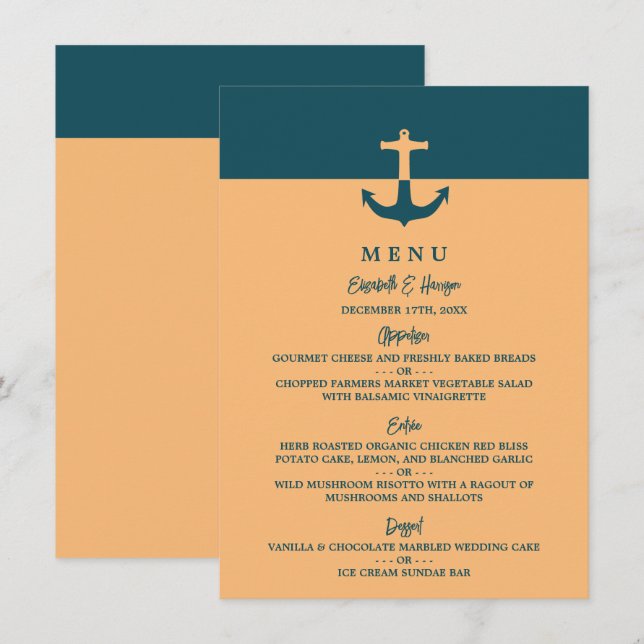 Nautical Anchor - Coral Blue - Beach Wedding Menu (Front/Back)