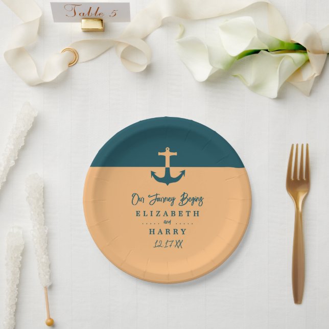 Nautical Anchor - Coral Blue - Beach Wedding Paper Plate (Wedding)