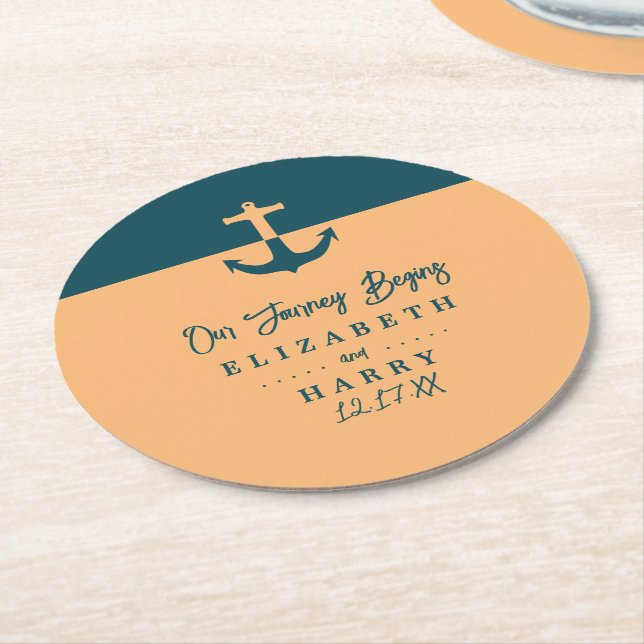 Nautical Anchor - Coral Blue - Beach Wedding Round Paper Coaster (Angled)