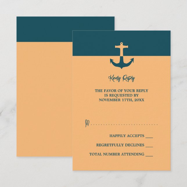 Nautical Anchor - Coral Blue - Beach Wedding RSVP Card (Front/Back)