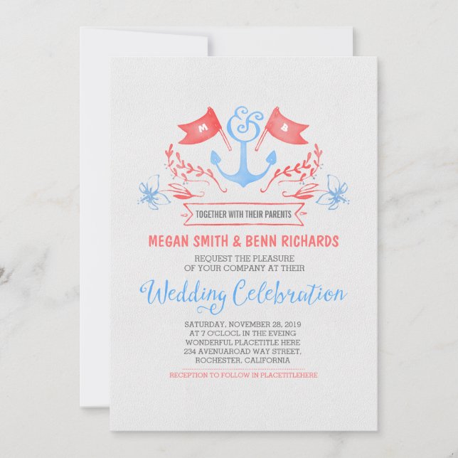 Nautical anchor coral blue wedding invitations (Front)