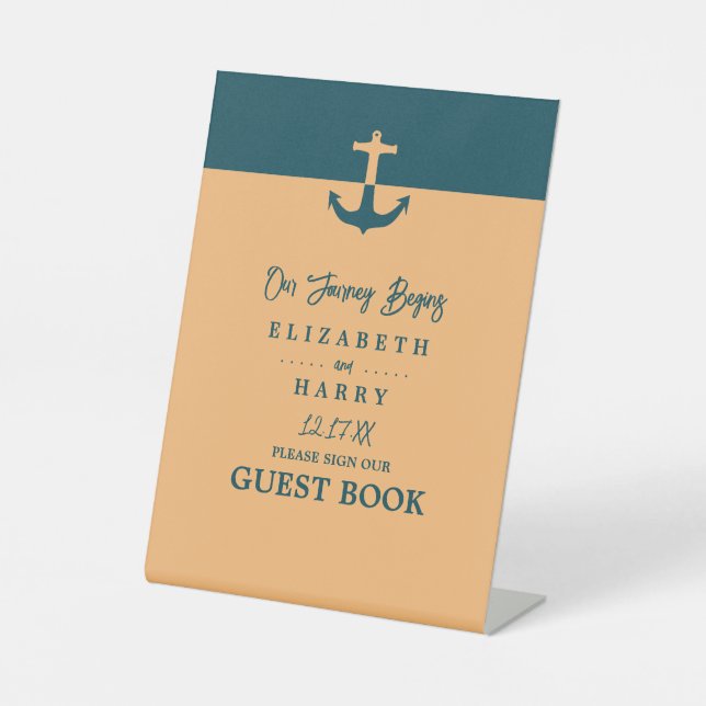 Nautical Anchor - Coral Blue - Wedding Pedestal Sign (Front)