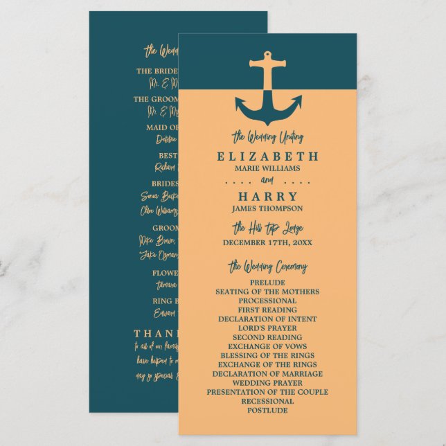 Nautical Anchor - Coral Blue - Wedding Programme (Front/Back)
