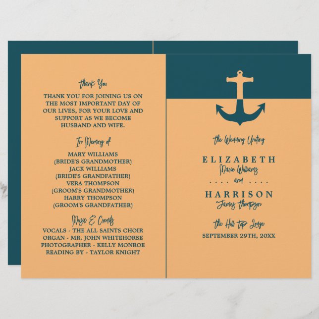Nautical Anchor - Coral Blue - Wedding Programme (Front/Back)