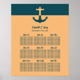 Nautical Anchor, Coral Blue, Wedding Seating Chart