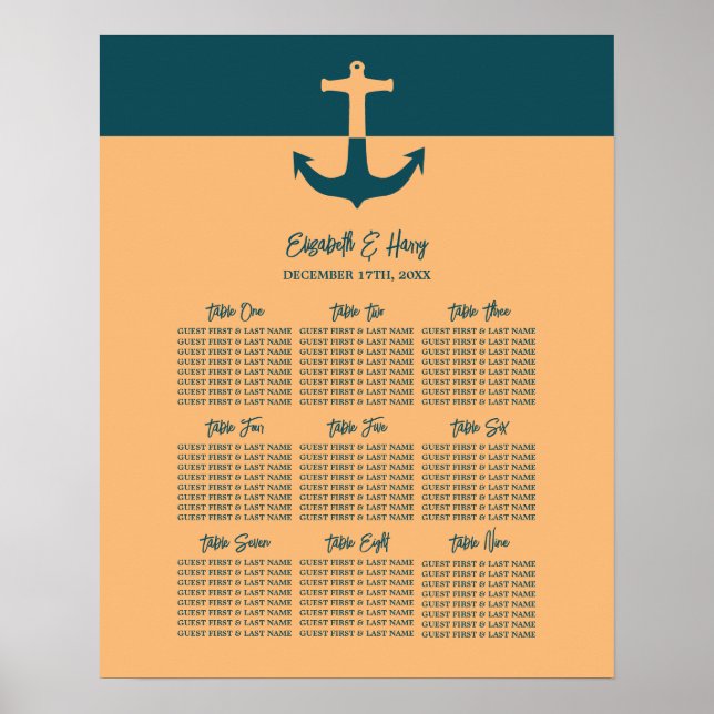 Nautical Anchor, Coral Blue, Wedding Seating Chart (Front)