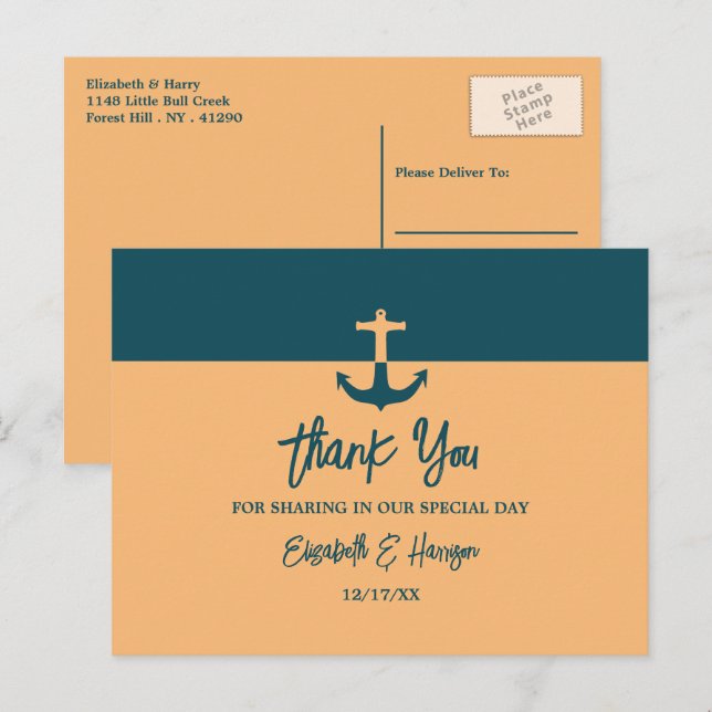 Nautical Anchor - Coral Blue - Wedding Thank You Postcard (Front/Back)