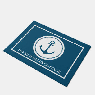 Nautical Anchor Cottage Navy Blue with Name Doormat