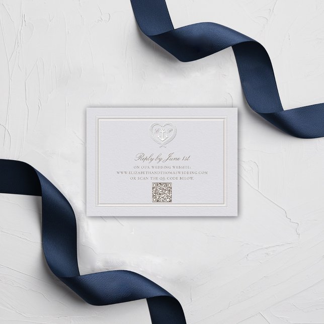 Nautical Anchor Crest Formal QR Wedding Response (nautical wedding RSVP QR classic formal traditional frame faux embossed anchor crest monograms)