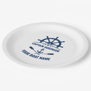 Nautical Anchor Crossed Oars & Ships Wheel White Paper Plate