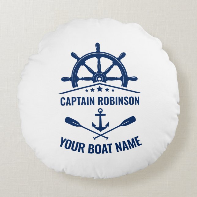 Nautical Anchor Crossed Oars & Ships Wheel White Round Cushion (Front)