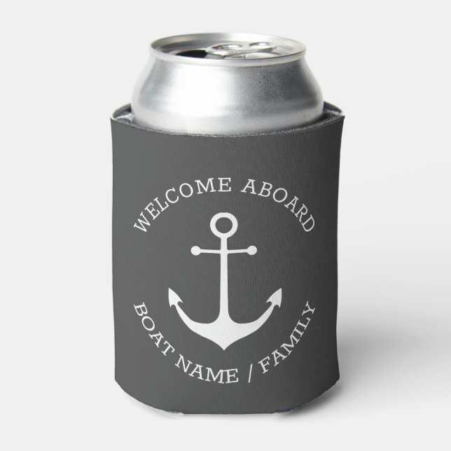 Nautical Anchor Custom Boat Name Welcome Aboard  Can Cooler (Can Front)