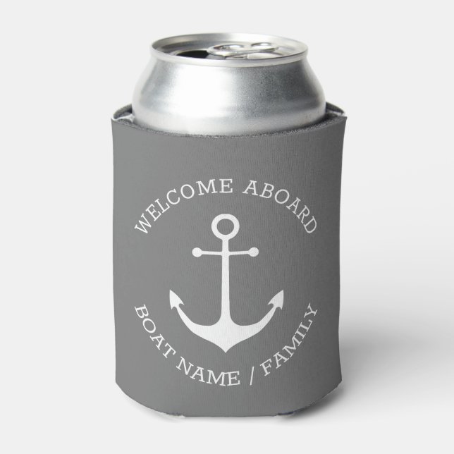 Nautical Anchor Custom Boat Name Welcome Aboard Can Cooler (Can Front)