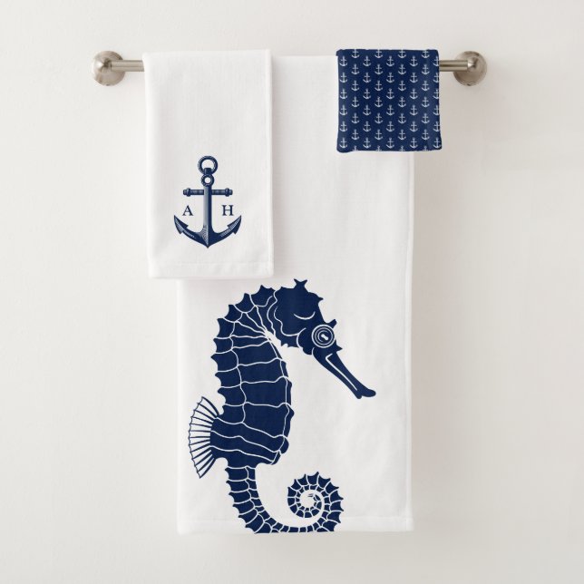 Nautical Anchor Custom Monograms Navy Bath Towel Set (Insitu)