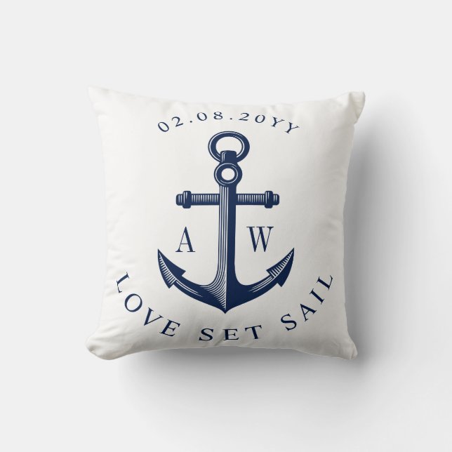 Nautical Anchor Custom Monograms White Cushion (Front)