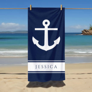 Nautical Anchor Custom Name Navy Blue Beach Towel