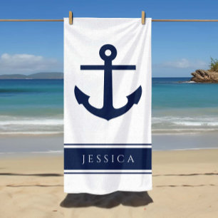Nautical Anchor Custom Name Powder Blue  Beach Towel