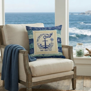 Nautical Anchor Custom Text Ocean Waves Coastal Cushion