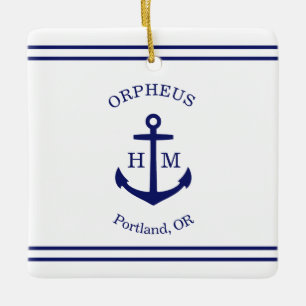 Nautical Anchor Custom (white & blue) Ceramic Ornament
