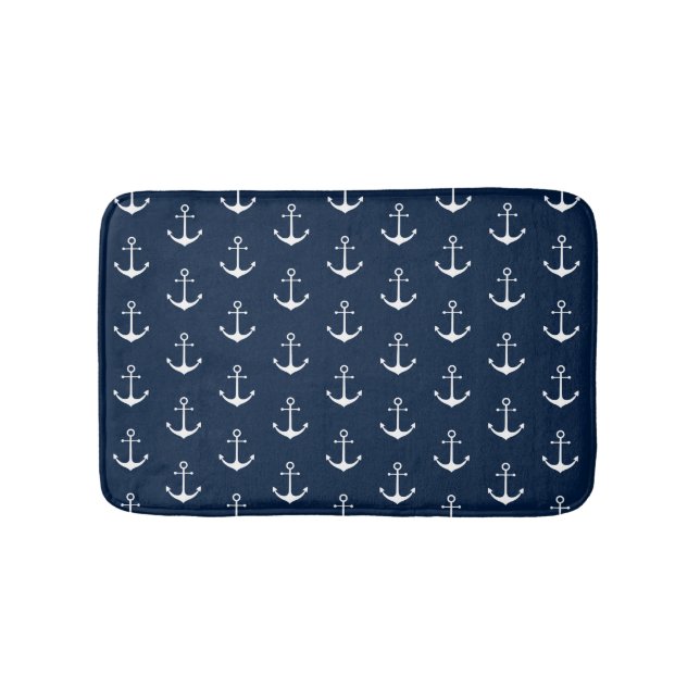 Nautical anchor dark navy blue white pattern cute bath mat (Front)