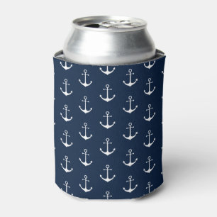 Nautical anchor dark navy blue white pattern cute can cooler