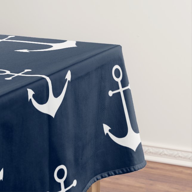 Nautical anchor dark navy blue white pattern cute tablecloth (In Situ)