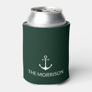 Nautical anchor dark pine green custom Boat Name  Can Cooler