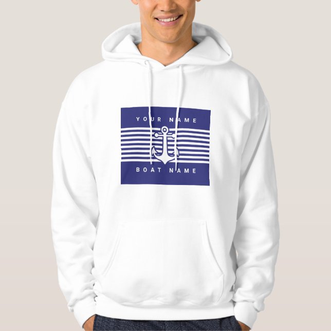 Nautical Anchor Design Navy Blue White Stripe Hood Hoodie (Front)